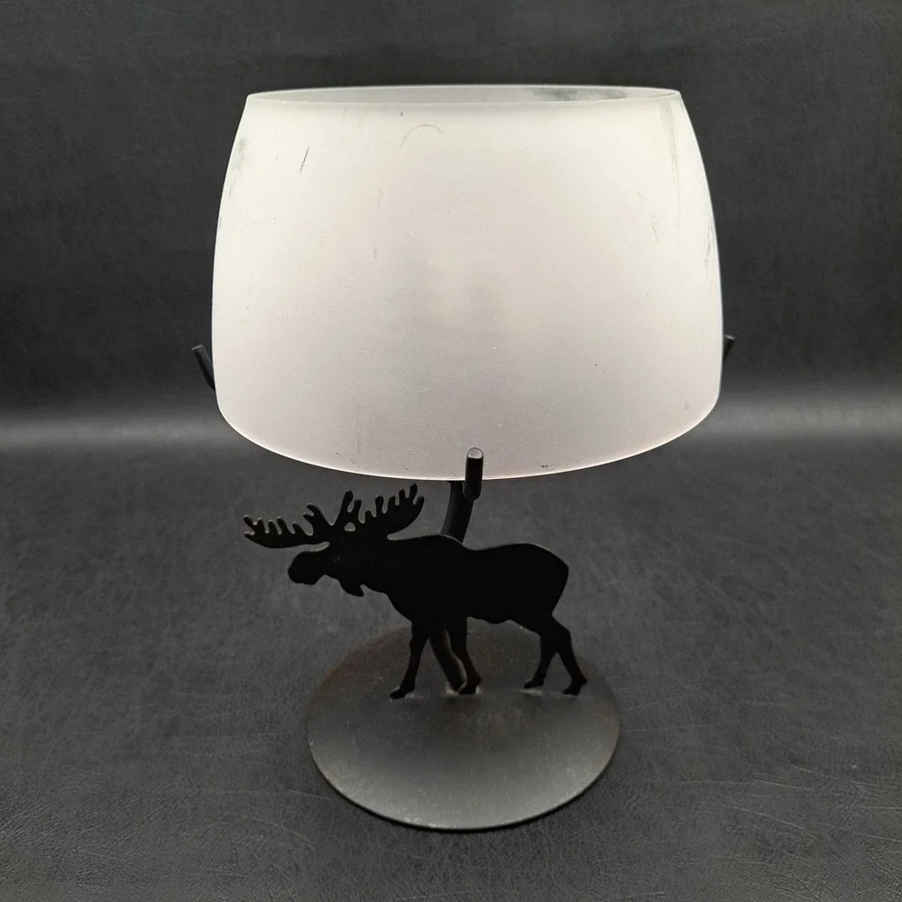 Party Lite Moose Pine Rustic Metal Tea Light Frosted Glass Shade Decor